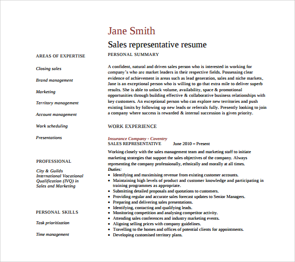sales representative resume template