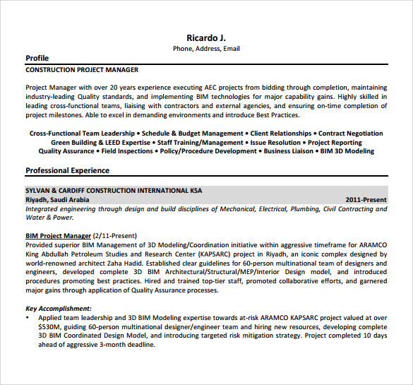 construction project manager resume template