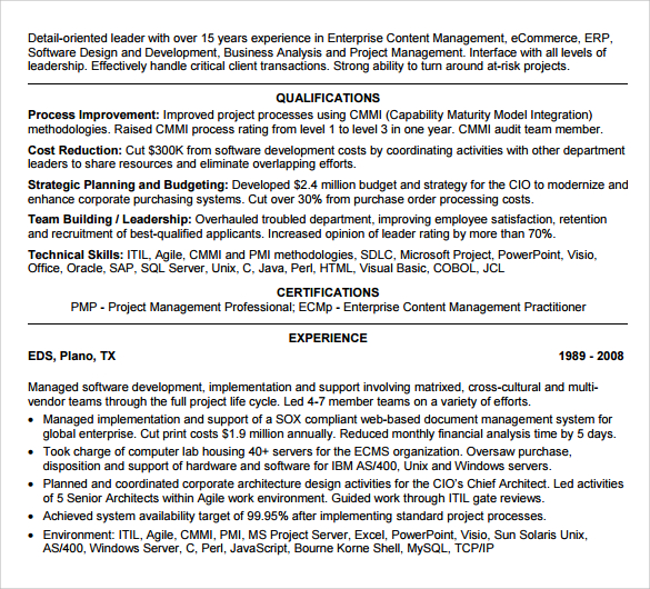 project manager resume template free