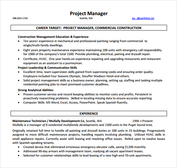 project manager resume template microsoft word