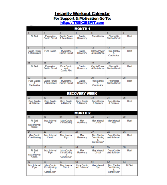 printable workout calendar template