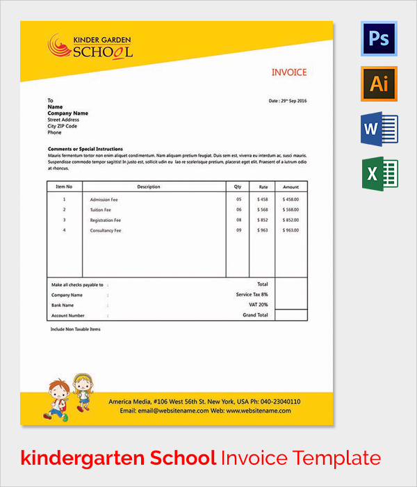 Kindergarten School Invoice Template