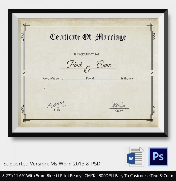 Free 18 Marriage Certificate Templates In Word Psd 