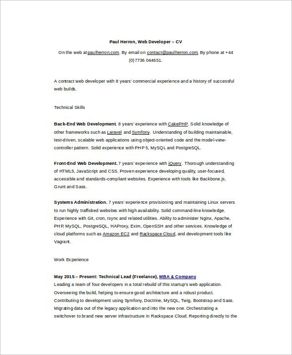 sample php developer resume  u2013 7  documents in word  pdf