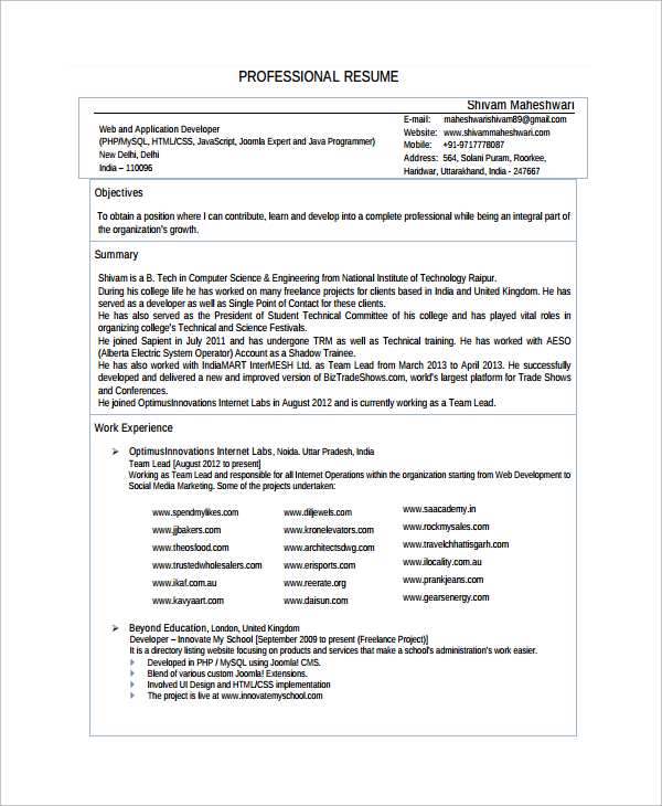 sample php developer resume  u2013 7  documents in word  pdf