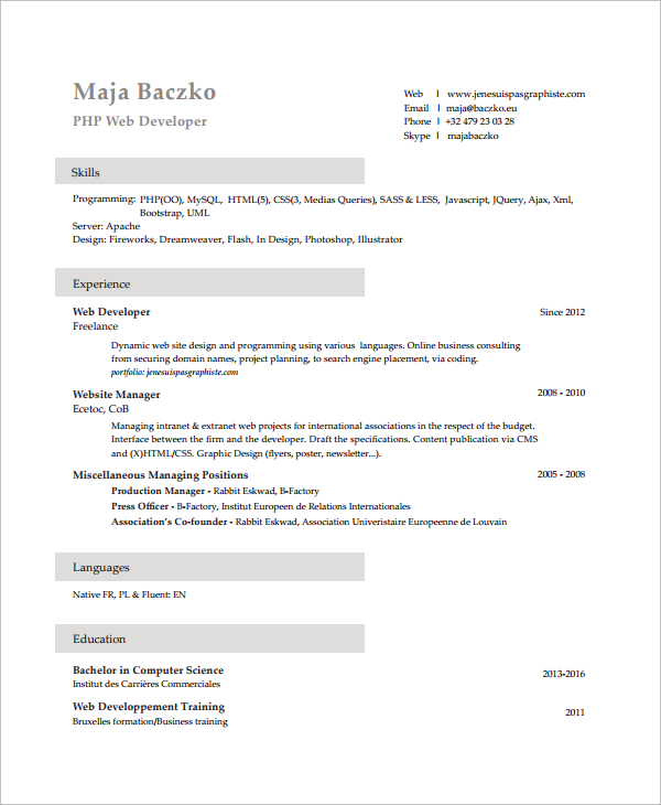 php web developer resume