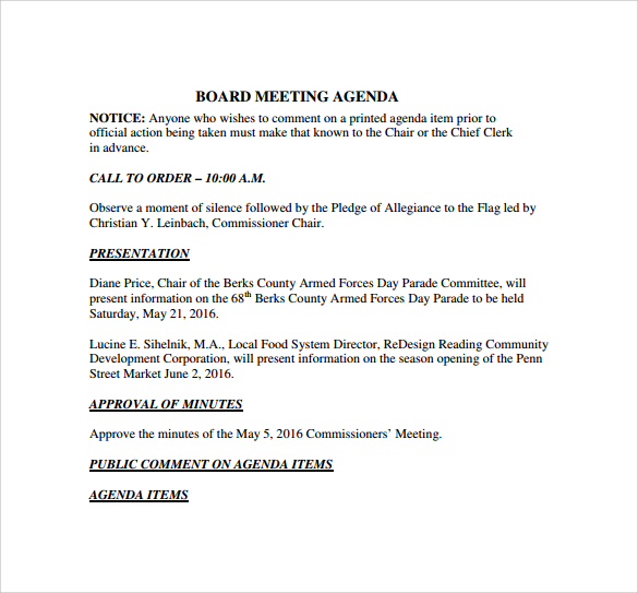 board meeting agenda to print