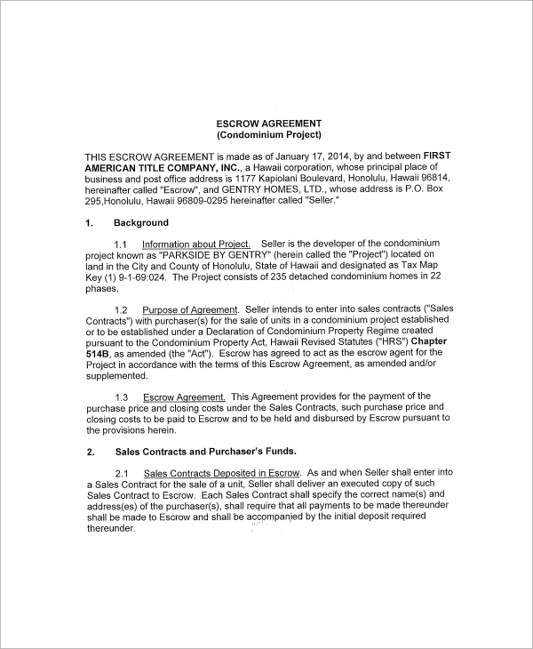 Free 12 Sample Escrow Agreement Templates In Google Docs Ms Word Pages Pdf