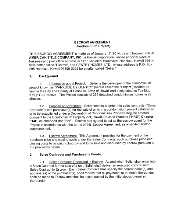 10  Sample Escrow Agreement Templates Sample Templates