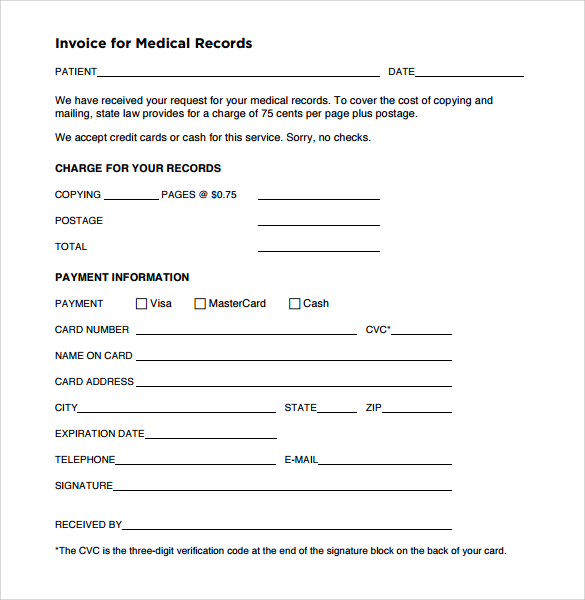 medical invoice form for medical records
