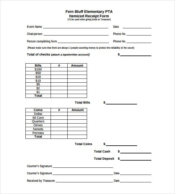 itemized receipt form sample