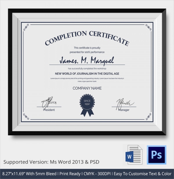 formal completion certificate