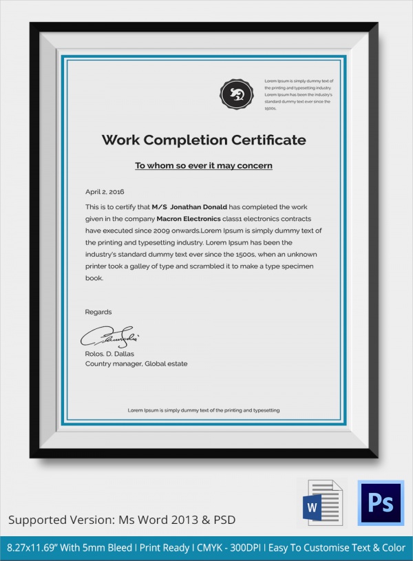 work completion certificate