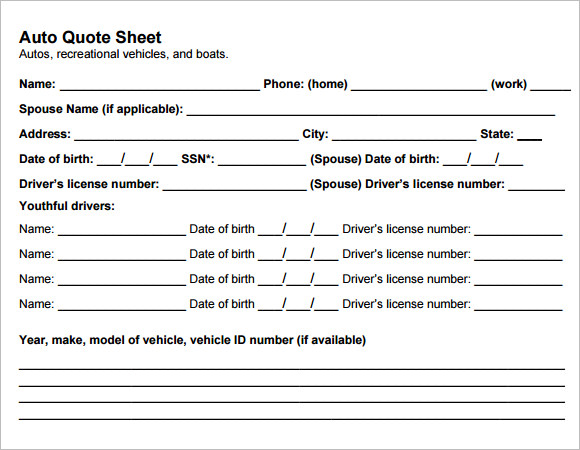 auto quote sheet