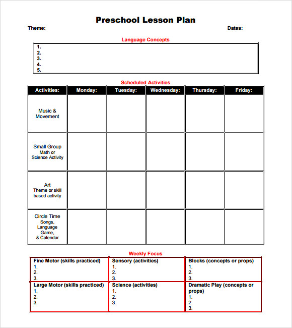 Preschool Lesson Plan Template Printable