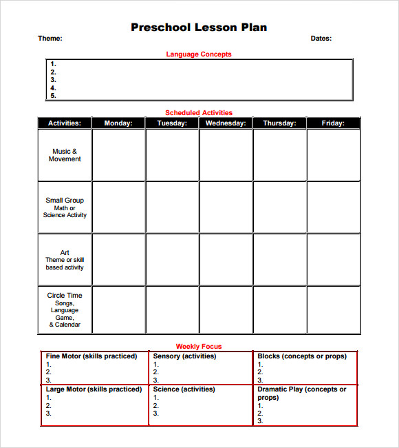 Printable Preschool Lesson Plan Forms Printable Forms Free Online