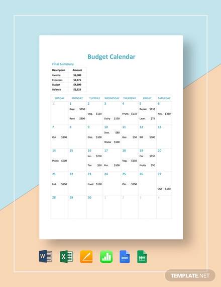 FREE 7 Sample Budget Calendar Templates In Google Docs Google Sheets 