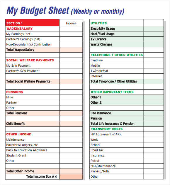 budget sheet ideas