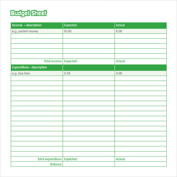 personal budget sheet