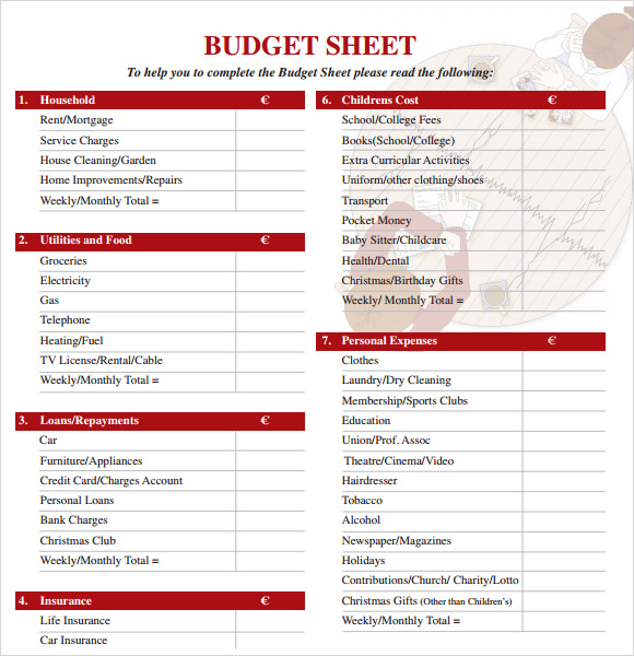 budget sheet template