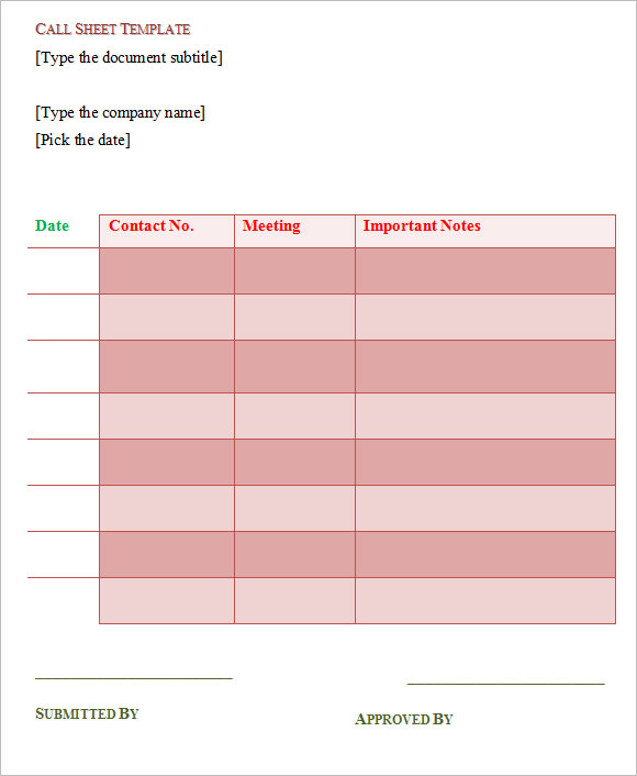 google sample document Sample Templates 10 Call Sheet in FREE Free  Sample