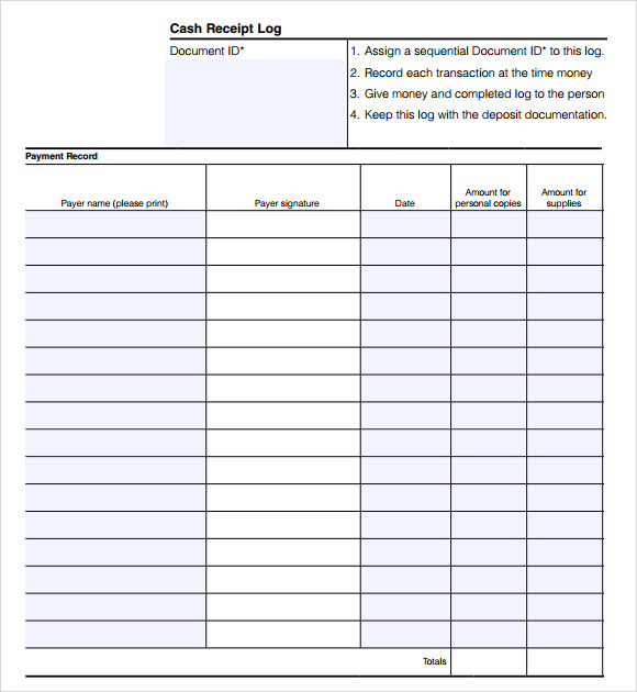 cash receipt log template