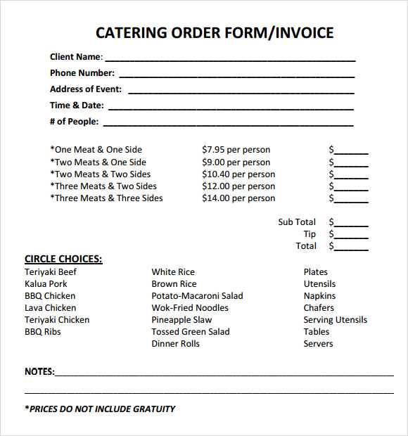 sample invoices for catering services