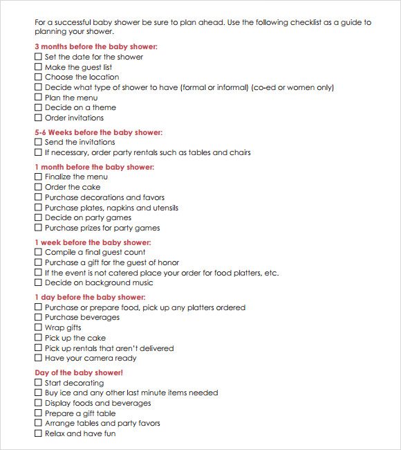checklist for baby shower supplies