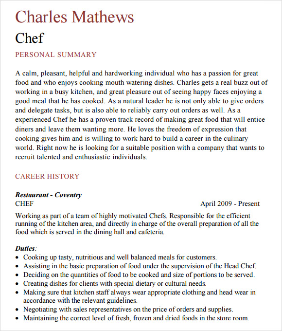 chef sample resume