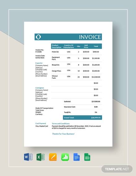 commercial invoice template for export