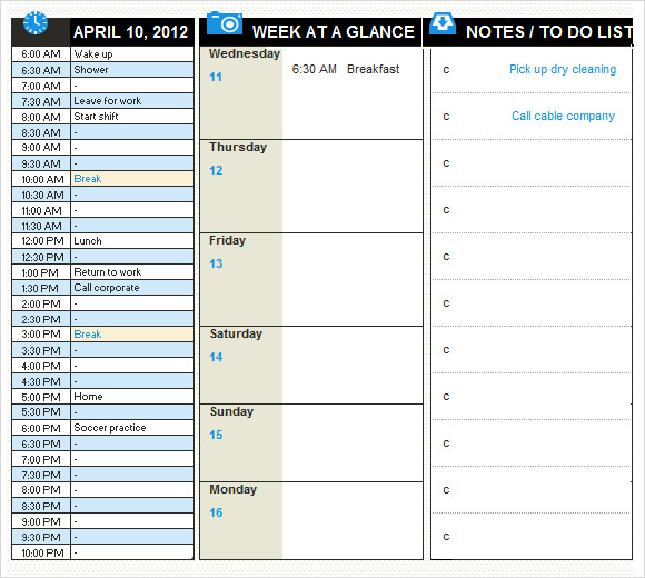 daily planner template excel 2007