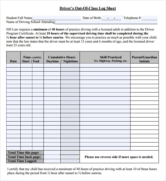 Driver Log Sheet Template