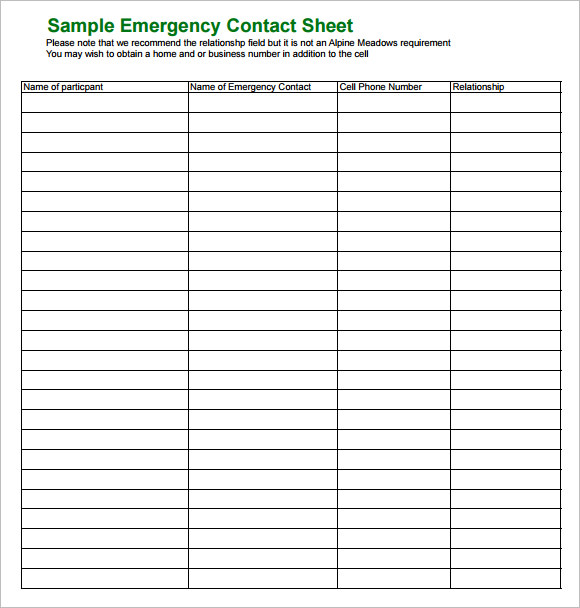 emergency contact sheet