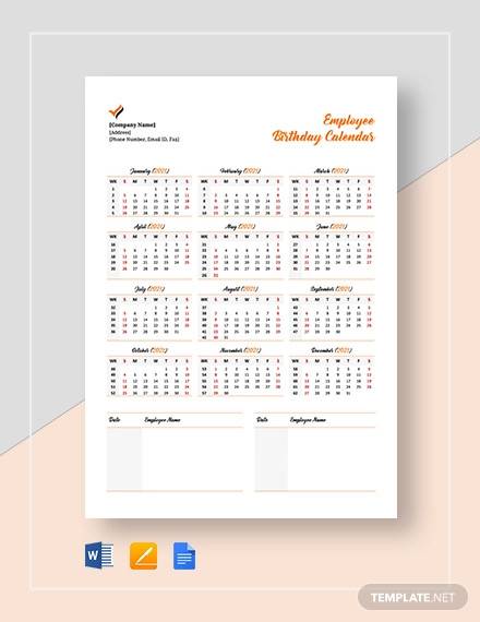 employee birthday calendar template