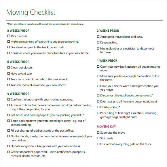 example moving checklist template