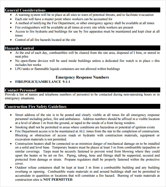 Site Specific Safety Plan Template