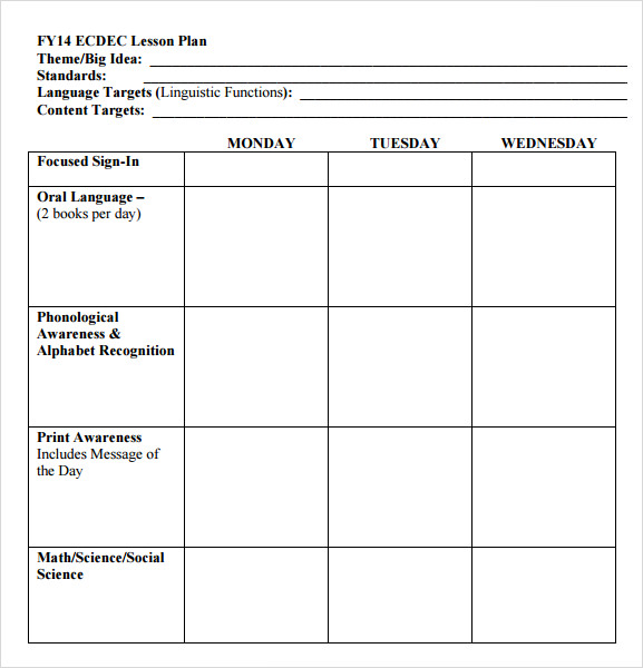 lesson printable plan kindergarten template free Sample  Plans Lesson 10 Sample  Preschool Templates