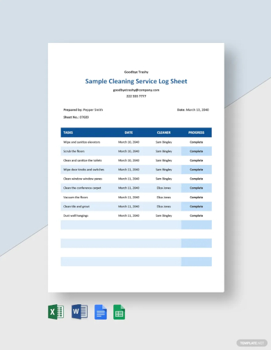 free sample cleaning service log sheet template