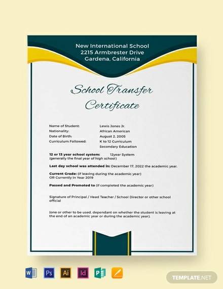 free school transfer certificate template