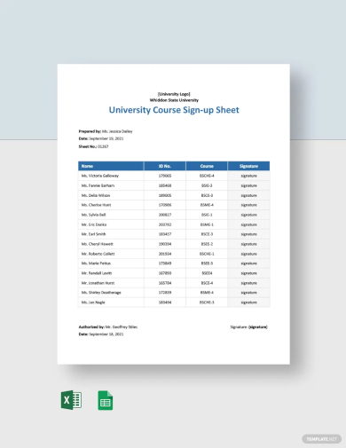free university course sign up sheet template