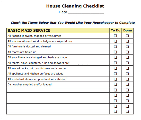 house keeping cleaning checklist