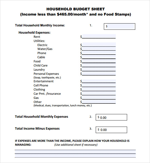 sample household budget template