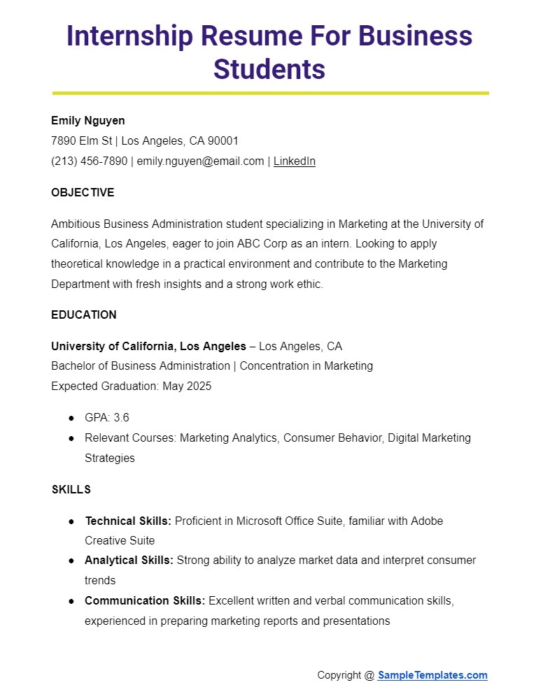 internship resume for business students