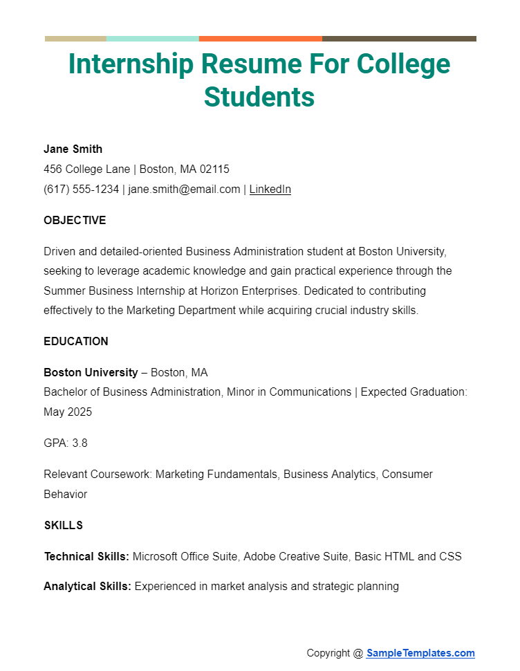 internship resume for college students