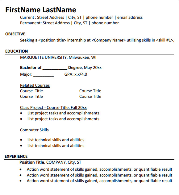 10 Internship Resume Templates – Free Samples , Examples 