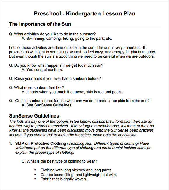 sample kindergarten lesson plans