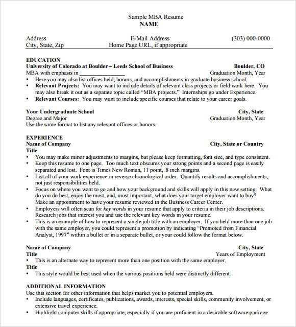 how to write mba resume