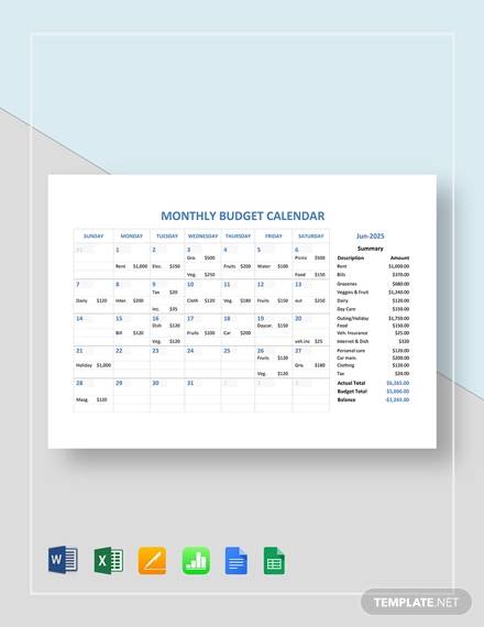 monthly budget calendar template