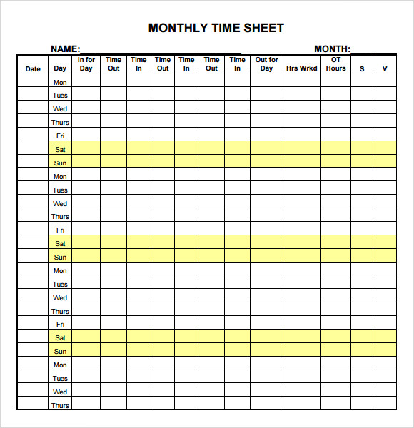 Time Card Sheet 8 Best Images Of Printable Monthly Time Sheets Free Images