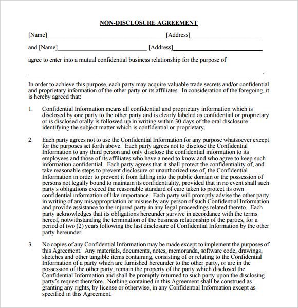 non disclosure agreement template free